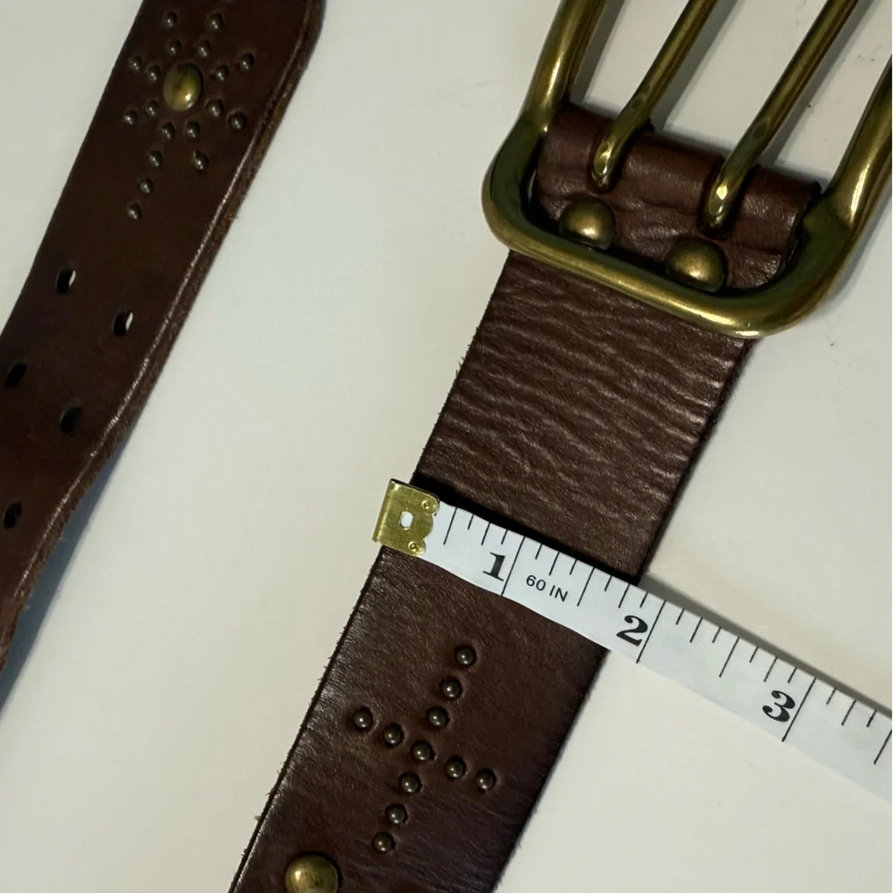 Linea Pelle Vintage Brown Leather Studded Western Belt Brass Double Prong Sz L